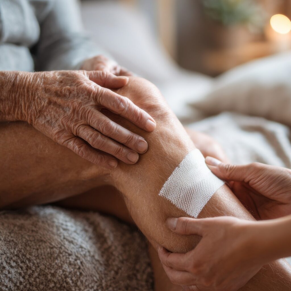Pflegekraft legt einem älteren Menschen zu Hause einen Verband am Bein an – eine bewegende Szene aus der Altenpflege